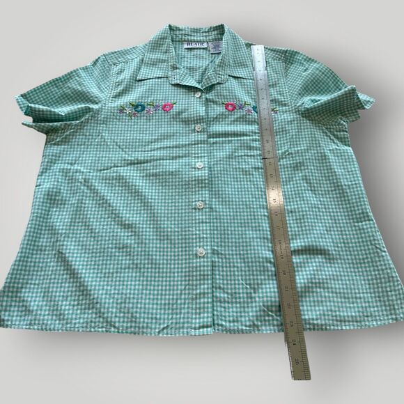 Blair Women's M Green White Checked Floral Embroidery Button Up Shirt - Picture 10 of 14